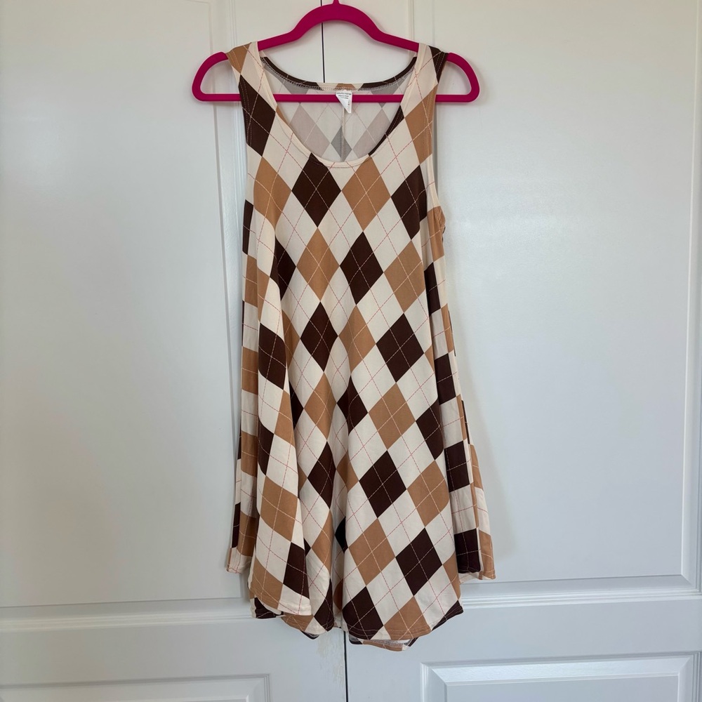 NWOT Brown and White Argyle Sleeveless Tank Dress, Medium